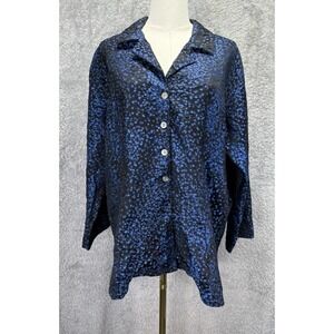 Jill McGowan Silk Button Up Shirt Womens M Blue Black Star Print Career Blouse